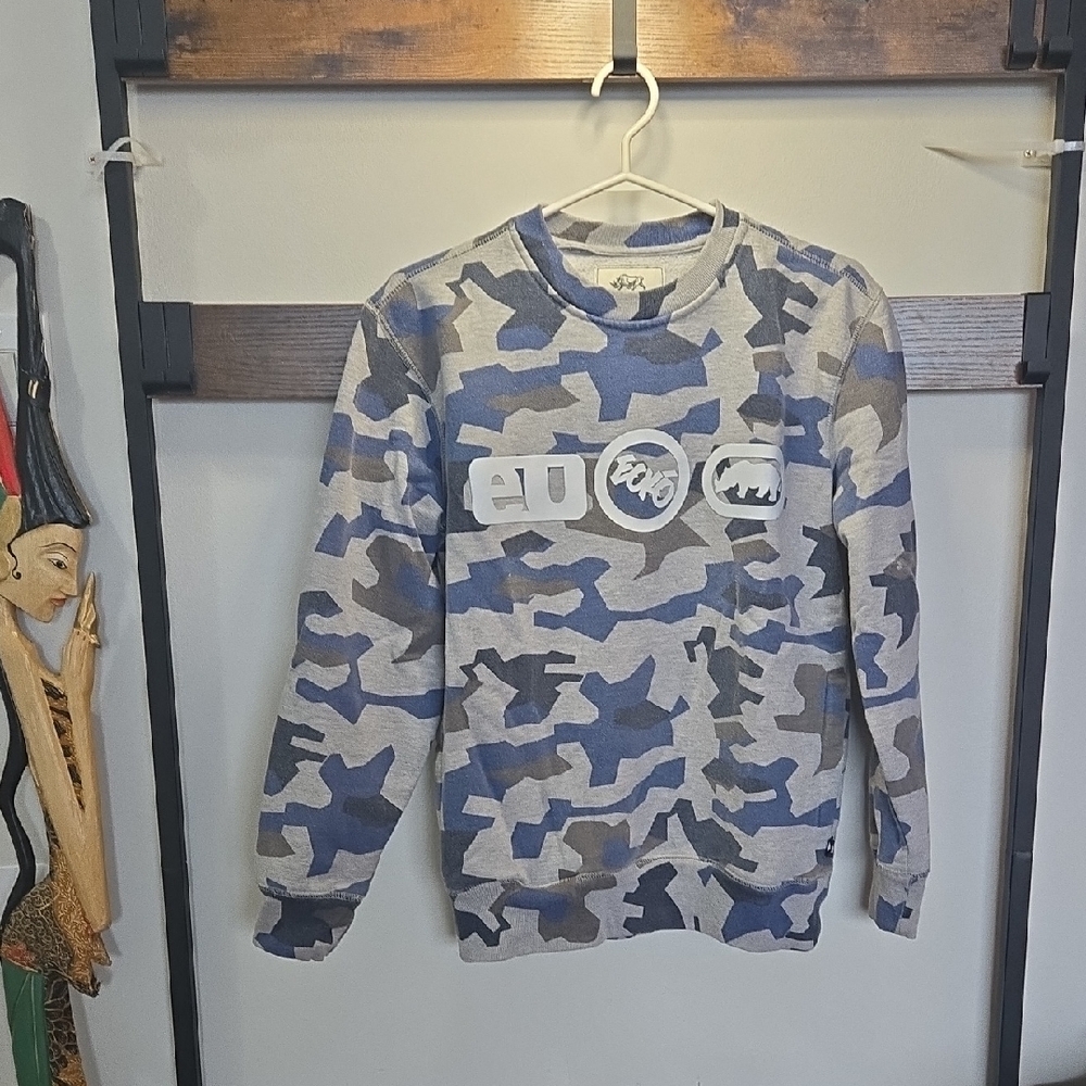 Ecko Unlimited Blue and Gray Camo Crewneck Sweater